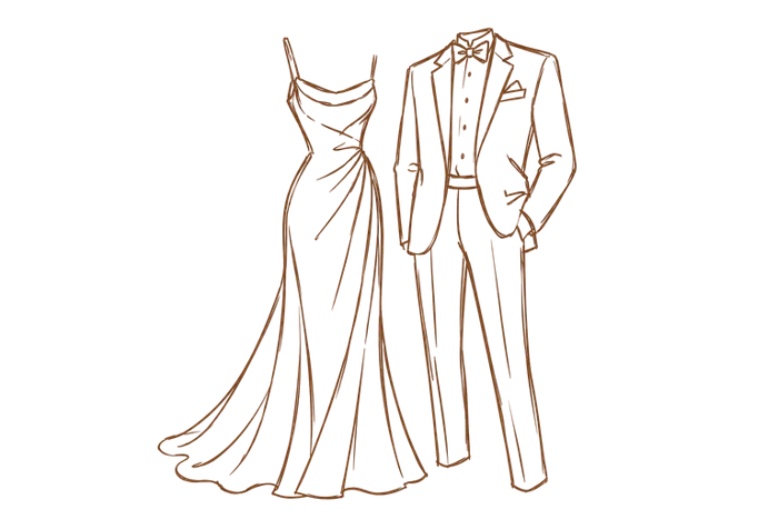 Dibujo de un vestido largo y un traje